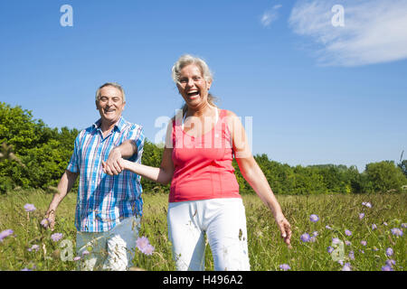 Älteres Paar, die gerne auf einer Wiese laufen Stockfoto