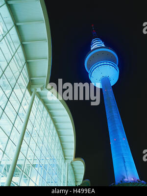 Deutschland, Hamburg, Fernsehturm, Nacht, Stadt, Hansestadt, Hamburg-Mitte, Turm, Heinrich-Hertz-Turm, Struktur, Wahrzeichen, blau, beleuchtet, Masse Hallen, Hallen, Gebäude, Beleuchtung, Stockfoto