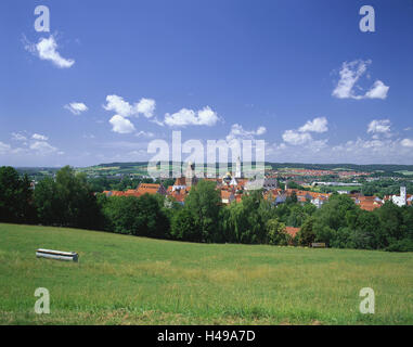 Bayern, Swabia, Danube Ries, Donauwörth, Stadtübersicht, Landschaft, Sommer, Stadt, lokale Übersicht, Kirchen, Liebe Frau Kathedralen, Türmen, Kathedralen, Türme, Plätze Interesse, Strukturen, historisch, Felder, Wiesen, Wälder, Hügel, Hügellandschaft, ländlich, Breite, Abstand, bewölkter Himmel, Stockfoto