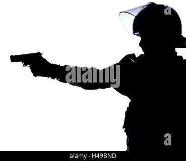 Polizist, Schutzkleidung, Schießen üben, Ziel, Porträt, Seitenansicht, Silhouette, Polizei, Beruf, Mann, Beamter, Polizist, Uniform, Schutzkleidung, Maske, Schutzmaske, Schutz, Helm, Waffe, SEK, MEK, GSG9, spezielle Task Force, Spezialeinheit, Waffe, Waffe, Pistole, Terrorismusbekämpfung, Stockfoto