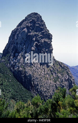 Spanien, Kanarische Inseln, La Gomera, Roque de Agando, Kanaren, 1251 m, Vulkan Schornstein, Steilfelsen, Rock, Kraft der Natur, riesig, Stockfoto