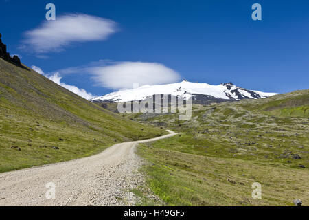 Island, Region Vesturland, Halbinsel Snaefellsnes, Vulkan Snaefellsjökull, Gletscher, Straße, Stockfoto