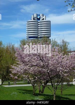 Deutschland, Oberbayern, München, Olympia-Komplex, BMW Hochhaus, blühenden Kirschbäume, Stockfoto