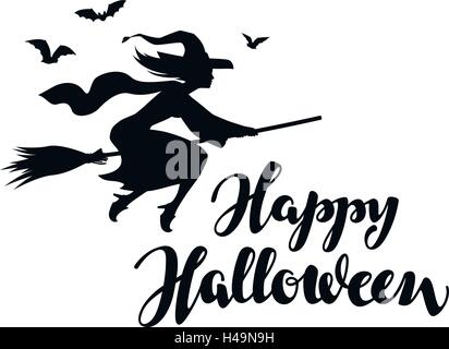 Fröhliches Halloween. Silhouette junge Hexe auf Besen fliegen Stock Vektor