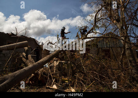 JEREMIE, Haiti. 11. Oktober 2016. Bild zur Verfügung gestellt von der Stabilisierungsmission der Vereinten Nationen in Haiti (MINUSTAH) zeigt haitianischen Feuerwehr Offiziere, die Beseitigung von umgestürzten Bäumen in Jeremie, Haiti, 11. Oktober 2016. Eine Woche nach Hurrikan Matthew Angriff, wurden internationale Hilfsorganisationen, die haitianische Regierung und den Opfern verbinden Hände um Normalität wiederherzustellen und die massiven Schäden in Jeremie zu reparieren. © Logan Abassi/UN/MINUSTAH/Xinhua/Alamy Live-Nachrichten Stockfoto