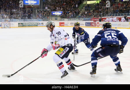 Ingolstadt, Bayern, Deutschland. 14. Oktober 2016. von links Spencer MACHCEK (Berlin / CAN), Brian SALCIDO (Ingolstadt/USA), Patrick KOEPPCHEN (Ingolstadt). Deutsche Eishockeyliga DEL, Spieltag 9, ERC Ingolstadt Vs Eisbaeren Berlin, Ingolstadt, Saturn Arena, 14. Oktober 2016, © Wolfgang Fehrmann/ZUMA Draht/Alamy Live News Stockfoto