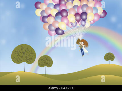 Illustration, Himmel, paar, Ballons, Fliege, Regenbogen, Landschaft, Grafik, Luftballons, viele, große Anzahl, hell, Paare, Mann, Frau, Liebe, verliebt sich in Liebe zusammen, Symbol, Grüße, Umarmung, Float, Traum-Farben, bewölktem Himmel, Wolken, Romantik, Romanticall Stockfoto