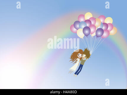 Illustration, Himmel, paar, Ballons, Fliege, Regenbogen, Grafik, Luftballons, viele, große Anzahl, hell, Paare, Mann, Frau, Liebe, verliebt sich in Liebe zusammen, Symbol, Grüße, Float, Traum-Farben, bewölktem Himmel, Wolken, Romantik, romantisch, Traum, Liebe Grüße, Naht, Umarmung, Zweisamkeit, Hochzeit, Verlobung, Valentinstag, Stockfoto