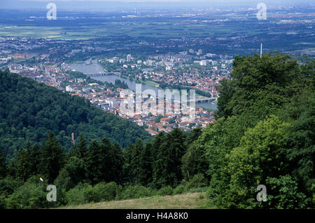 Deutschland, Baden-Wurttemberg, Heidelberg, Stadtübersicht, Königs Stuhl, Talblick, Stadt, dem Neckar, Fluss, Übersicht, Häuser, historisch, Stadt, Zentrum Attraktion Stockfoto