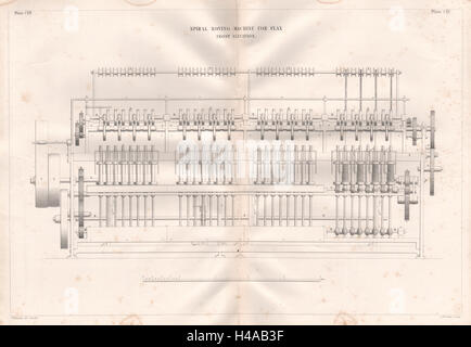 VIKTORIANISCHE ENGINEERING ZEICHNUNG. Spirale roving Maschine für Flachs, vordere 1847 Stockfoto