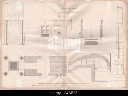 19C technische Zeichnung Schmiedeeisen Ofen. Nasmyth patent Dampfhammer 1847 Stockfoto