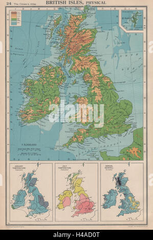 BRITISCHEN INSELN PHYSIKALISCHE & KLIMA. Januar-Juli-Temperatur. Niederschläge 1944 Karte Stockfoto