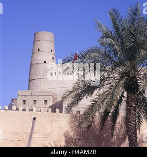 Oman, Bahla, Festung, außen, UNESCO-Weltkulturerbe, Struktur, Palm, Himmel, blau, Lehmziegel, Stockfoto