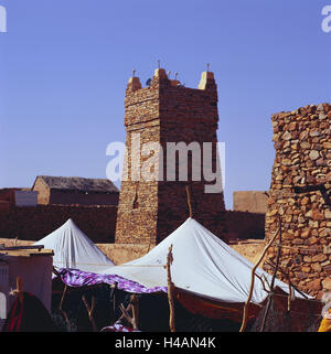 Mauretanien, Region Adrar, Chinguetti, Old Town, Zelte, Freitagsmoschee, Africa, West Afrika, Oasenstadt, Oase, wirtschaftliche Lage, Ksar, Stadt, lokale Ansicht, Struktur, Aufbau, historisch, Bethaus, Kirchen, islamische, Moschee, Turm, Minarett, Architektur, UNESCO-Weltkulturerbe, Sehenswürdigkeit, niemand, Stockfoto