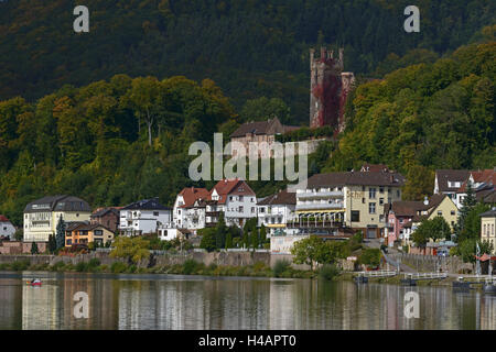 Neckarsteinach, Fluss Neckar, 4 Burgstadt, mittlere Burg, Baden-Württemberg, Deutschland Stockfoto