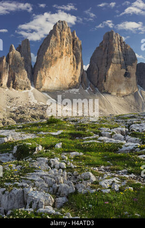 Tre Cime di Lavaredo (drei Zinnen), Südtirol, Dolomiten, Italien Stockfoto