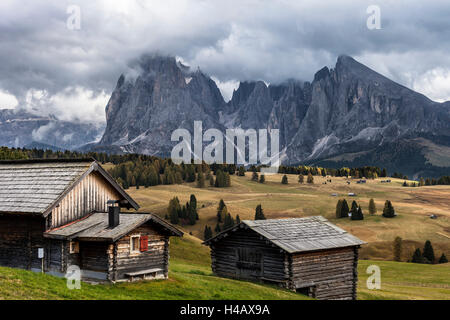 Europa, Italien, Dolomiten, Südtirol, Seiseralm, Langkofel und Plattkofels, Almhütten Stockfoto