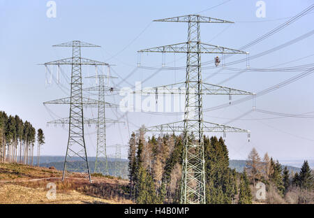 Hochspannungs-Stangen, Drähte, zwei Männer arbeiten auf energetischen Linie Anlage, Gondeln, Wald, Schwaden, Thüringer Wald Stockfoto