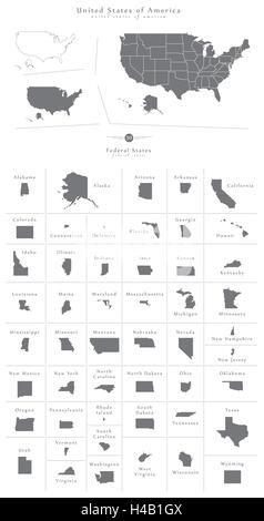 Das ganze Land und Bundesländer Karte Satz von den USA in grau. Stock Vektor