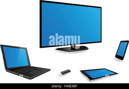 Satz von Vorlagen: Smart Tv, Laptop, Tablet PC, Smartphone und USB Flash Drive isoliert auf weißem Hintergrund Stock Vektor