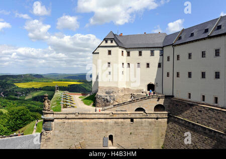 Ansicht der Kanone, Georgenbatterie vor dem Schloss Georgen, Festung Königstein, Landschaft, Nationalpark Sächsische Schweiz, Elbsandsteingebirge, Deutschland Stockfoto