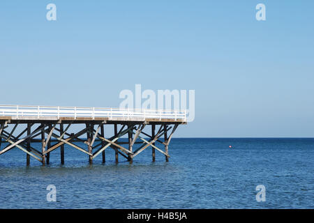 Meer, Steg, Pier, Amerika, Los Angeles, Kalifornien, USA, Küste, Wasser, blau, Plattform, Geländer, Geländer, Holzkonstruktion, Ansicht, Suche, Ansicht, Blick aufs Meer, weite, Horizont, Boje, keine Menschen, Urlaub, Urlaub, Sandstrand, Sand, weiß, Beutel, Kunststoff, Stockfoto