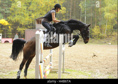 Teenager-Mädchen, Pferd, Bayerisches Warmblut, Reiten, Seitenansicht, springen, Stockfoto