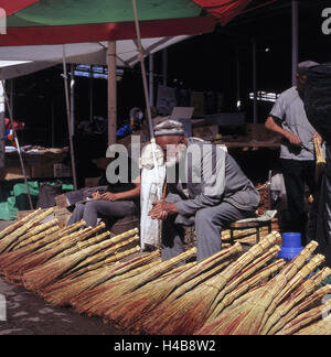 Tadschikistan, Duschanbe, Markt, Mann verkauft Besen, Stockfoto