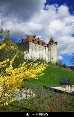 Schweiz, "Chateau de GruyÞres" im Schweizer Kanton Freiburg an einem sonnigen Frühlingstag Stockfoto