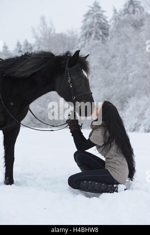 Teenager-Mädchen, Pferd, Arabo-Haflinger, Kuss, an der Seite Stockfoto