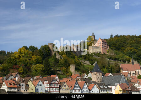 Buckhorn auf dem Neckar, Stadtbild mit Sperre Buckhorn, Hessen, Deutschland Stockfoto