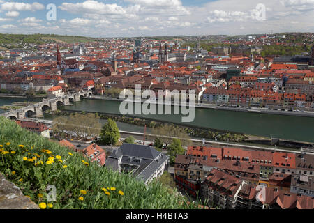 Sehen Sie auf der historischen alten Stadt Würzburg, wie gesehen von der Festung Marienberg, untere Franken, Bayern, Deutschland Stockfoto