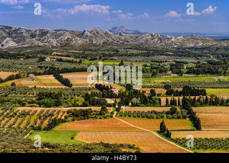 Frankreich, Provence, Bouches-du-Rhône, Les Baux-de-Provence, Blick von der Burgruine auf die Alpilles Stockfoto