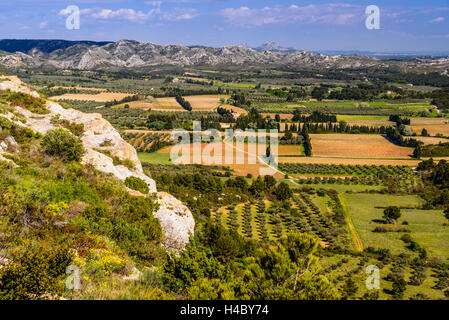Frankreich, Provence, Bouches-du-Rhône, Les Baux-de-Provence, Blick von der Burgruine auf die Alpilles Stockfoto