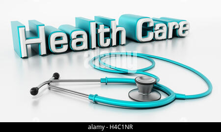 Medizinische Texte und Stethoskop isoliert auf weißem Hintergrund. 3D Illustration. Stockfoto