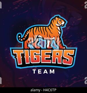 Tiger Maskottchen Vektor. Sport-Logo-Design-Vorlage. Fußball oder Baseball Illustration. College-Liga Insignia, Schule Team Logo auf dunklem Hintergrund. Stock Vektor