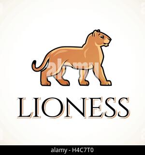 Löwin Logo Vektor. Lion Designvorlage. Geschäft oder Boutique Abbildung. Raubkatze Insignia, PUMA Logo auf hellem Hintergrund. Stock Vektor