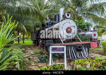 Historische Dampf-Lokomotiven-Ausstellung und nostalgische Eisenbahn auf dem Gelände das Zuckermuseum Marcelo Salado, Caibarién, Caibarien, stillgelegten Zuckerfabrik mit Remedios, Kuba, Kuba, der Republik Kuba, die großen Antillen, Karibik Stockfoto