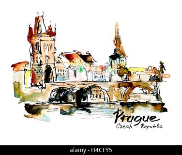 Aquarell Freihand Skizze, Zeichnung von Prag Tschechien top Stock Vektor