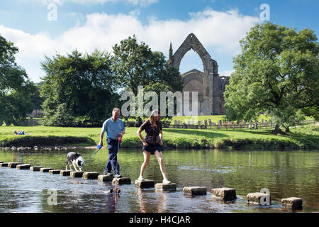 Mitglieder der Öffentlichkeit überqueren des Flusses Wharfe zusammen mit ihren Hunden und genießen die Sonne in Bolton Abbey in Wharfedale Stockfoto