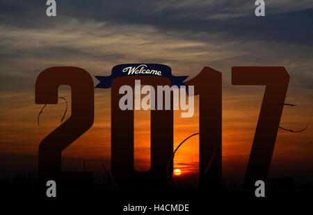 2017 frohes neues Jahr mit Sonne steigen Himmel. Stockfoto