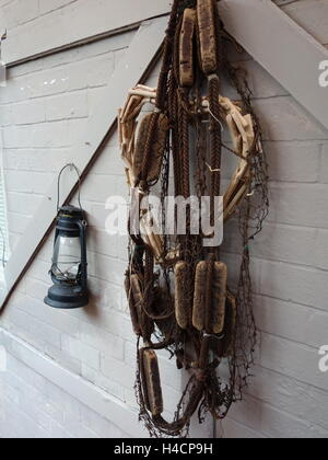 Eine alte Fischerei net hängen neben einer Lampe auf einer alten Mauer. Stockfoto