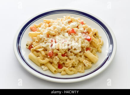 Gekochte Makkaroni mit Tomaten und Parmesan serviert im Teller Stockfoto