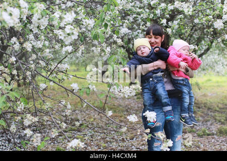 Mutter mit Zwillingen im Freien im Apfelgarten Stockfoto