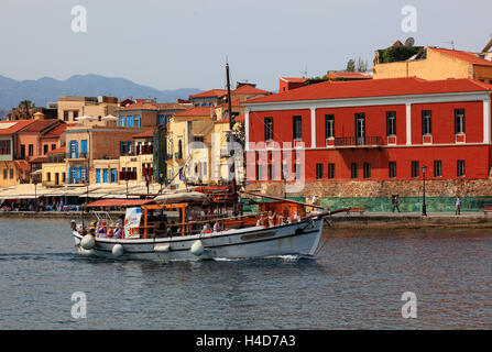 Kreta, Port Canea, Altstadt am Hafen, Ausflugsschiff, Stockfoto