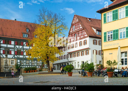 Heute Deutschland, Baden-Wurttemberg, "Esslingen am Neckar", Fachwerkhäuser in der Hafen-Markt, gelbes Haus ist ein Stadtmuseum Stockfoto