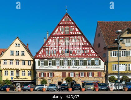 Deutschland, Baden-Wurttemberg, Esslingen am Neckar, Stadtinformation im ehemaligen Krankenhaus Kelter Stück Katharinen Krankenhaus, die mächtigsten Bürge "Haus in der Markt'latz mit Fachwerk-Giebel, Kielmeyerhaus genannt, Stockfoto