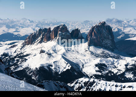 Italien, Dolomiten, Südtirol, Langkofel, Marmolada, Schnee, Winter, Licht, Stimmung, Schatten, Galle, Thron, Landschaft, Natur, D810 Stockfoto
