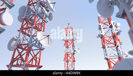 Sat-Schüssel und Telekommunikation Türme - 3D Rendering Stockfoto