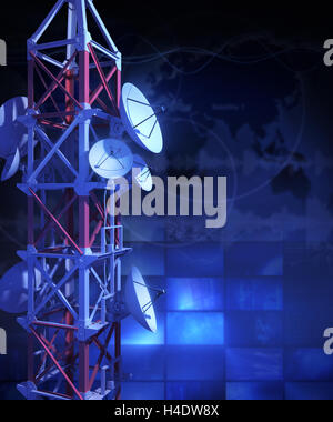 Satellitenschüssel und Telekommunikation Turm - 3D Rendering Stockfoto